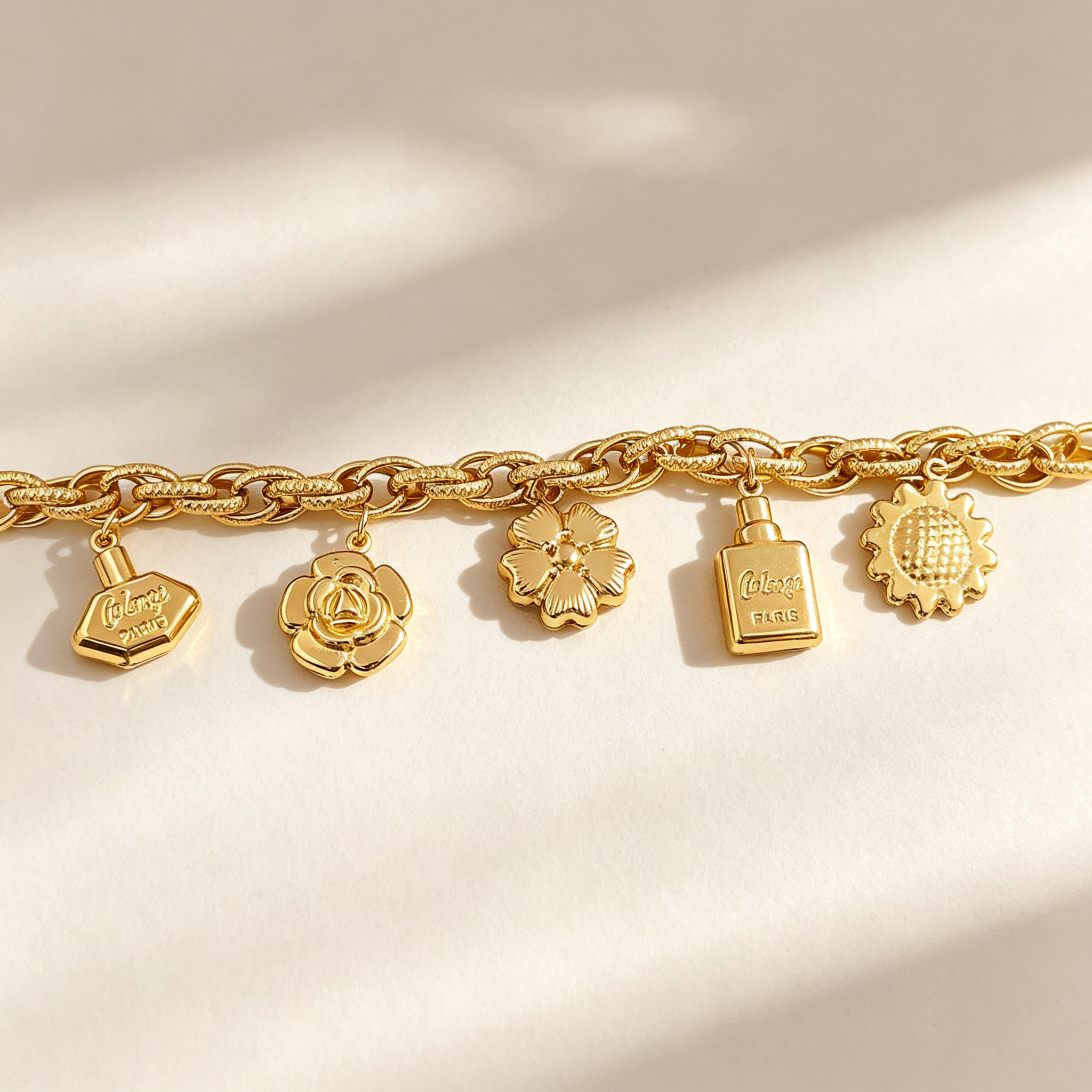 Classic Style Asymmetrical Bottle Bracelet For Women In 201 Stainless Steel With Figaro Chain And KC Golden Plated Finish