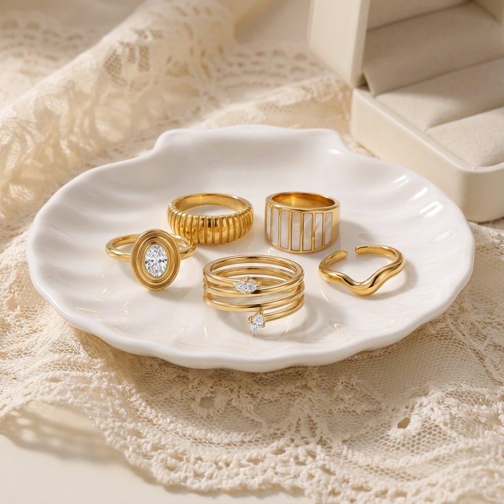 Geometric Electroplated Rings For Women In 304 Stainless Steel With 18K Real Gold PVD Coating And Shell Inlay