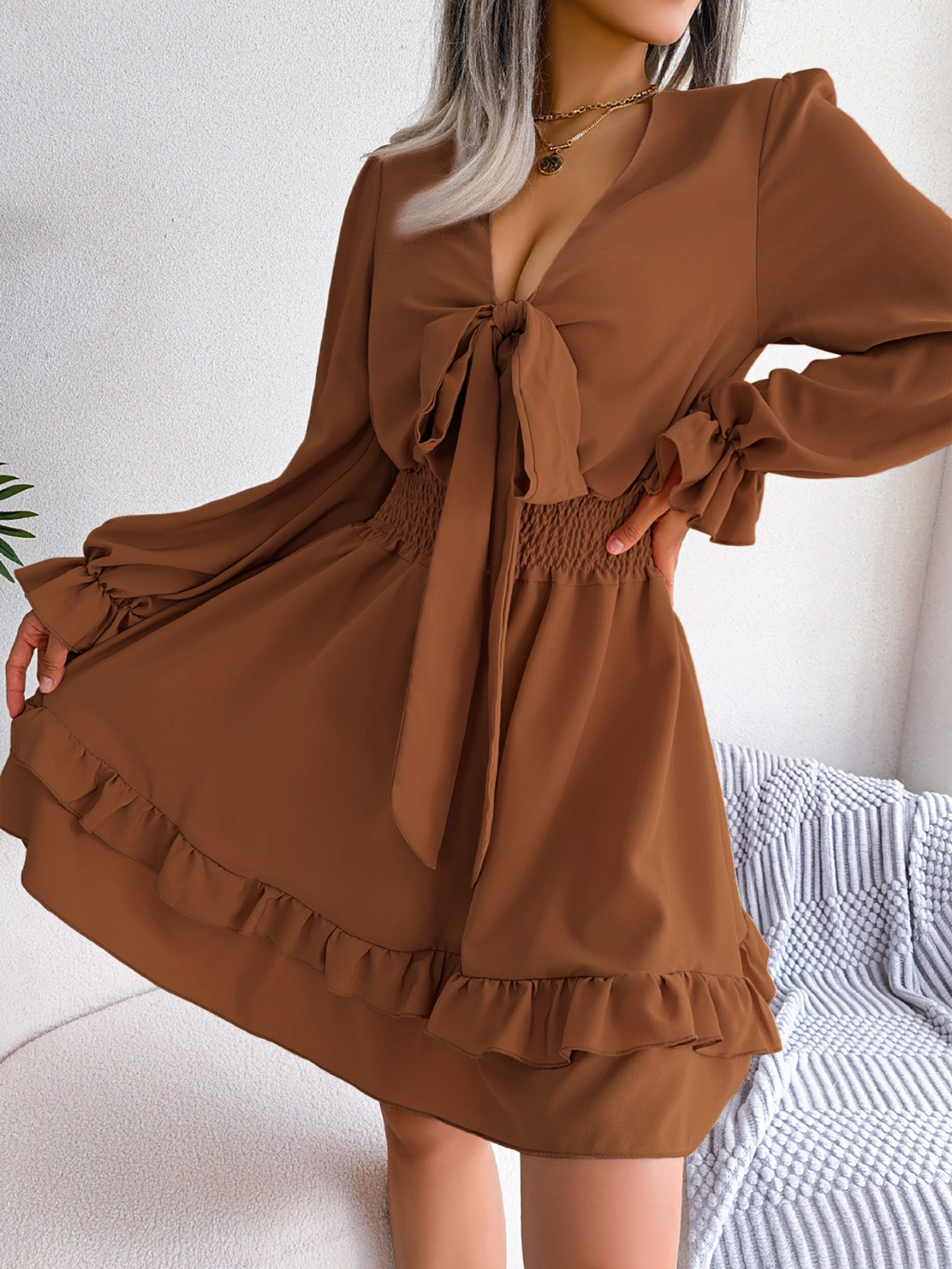 Women's Solid Color A-Line Skirt Dress With Long Sleeve V Neck In Polyester Fabric Featuring High-Temperature Setting For Daily Wear