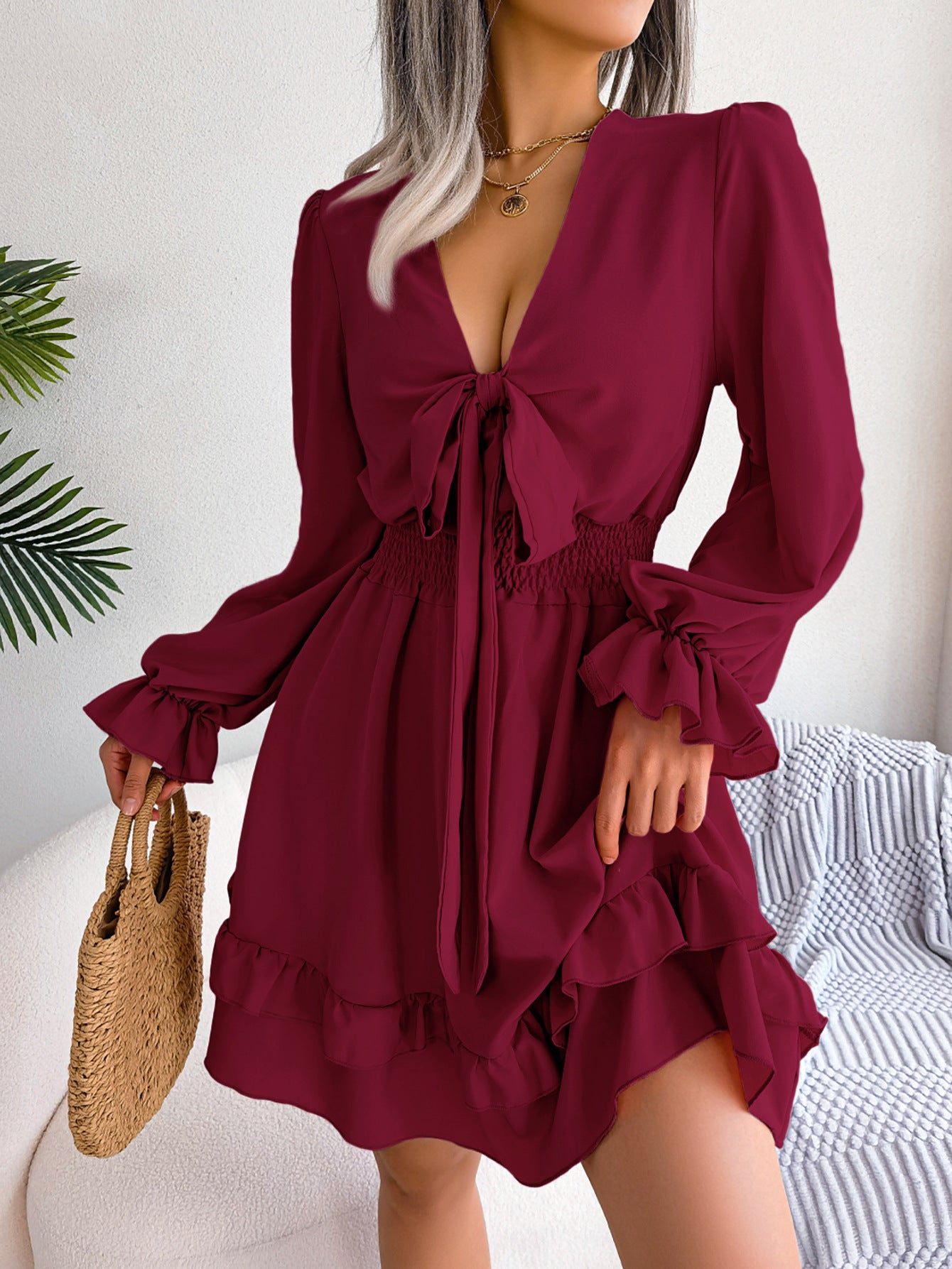 Women's Solid Color A-Line Skirt Dress With Long Sleeve V Neck In Polyester Fabric Featuring High-Temperature Setting For Daily Wear