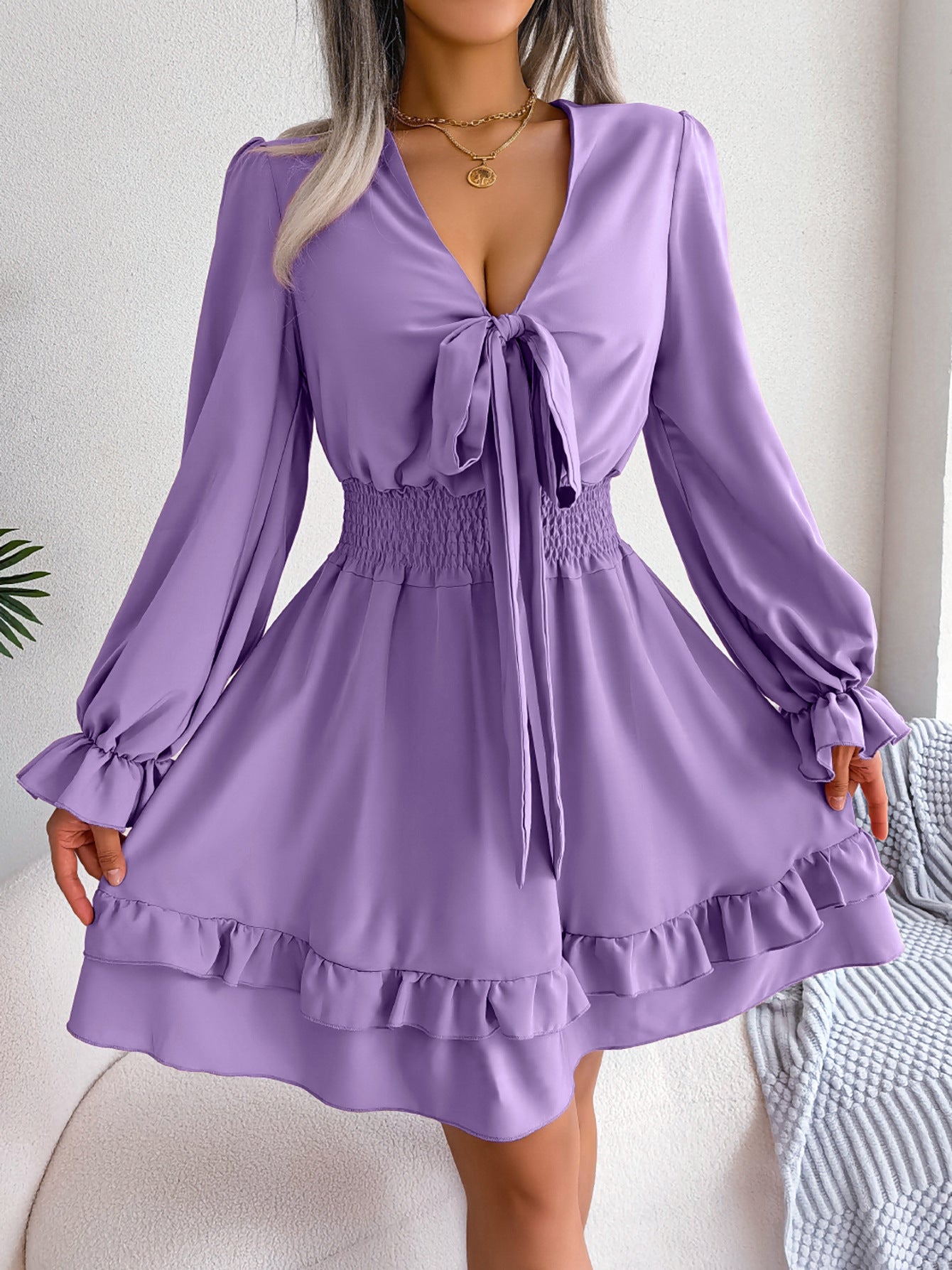 Women's Solid Color A-Line Skirt Dress With Long Sleeve V Neck In Polyester Fabric Featuring High-Temperature Setting For Daily Wear