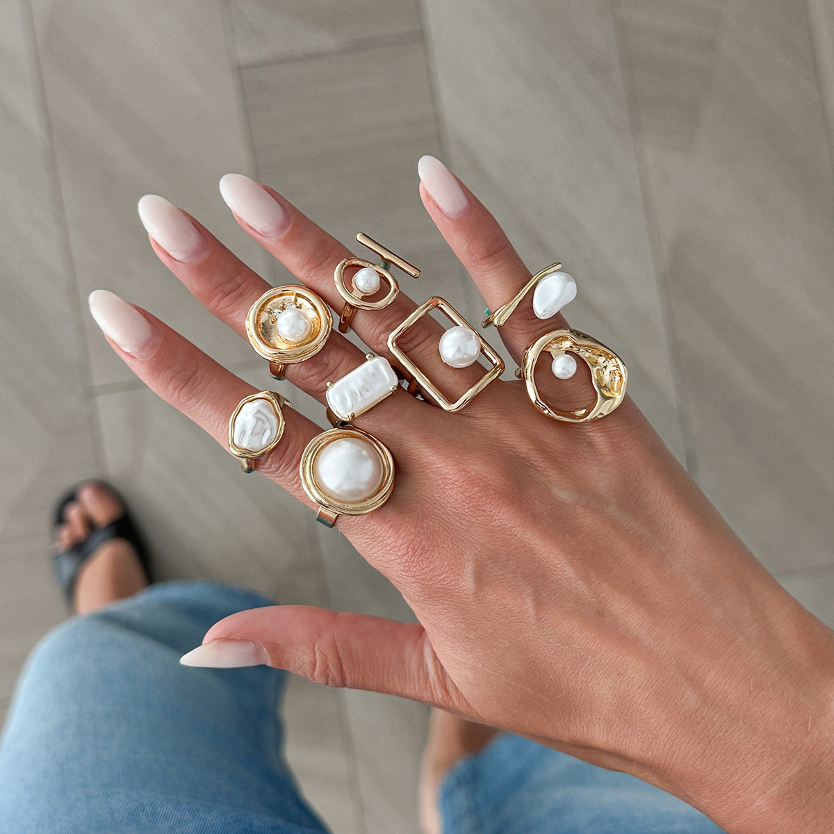 Oval Baroque Style Open Rings For Women In Gold Featuring Baroque Pearl Inlay, Zinc Alloy, 8 Pieces Set