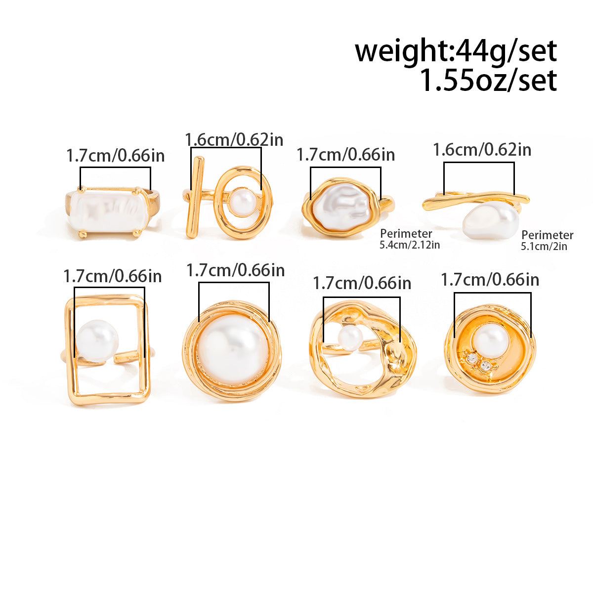 Oval Baroque Style Open Rings For Women In Gold Featuring Baroque Pearl Inlay, Zinc Alloy, 8 Pieces Set