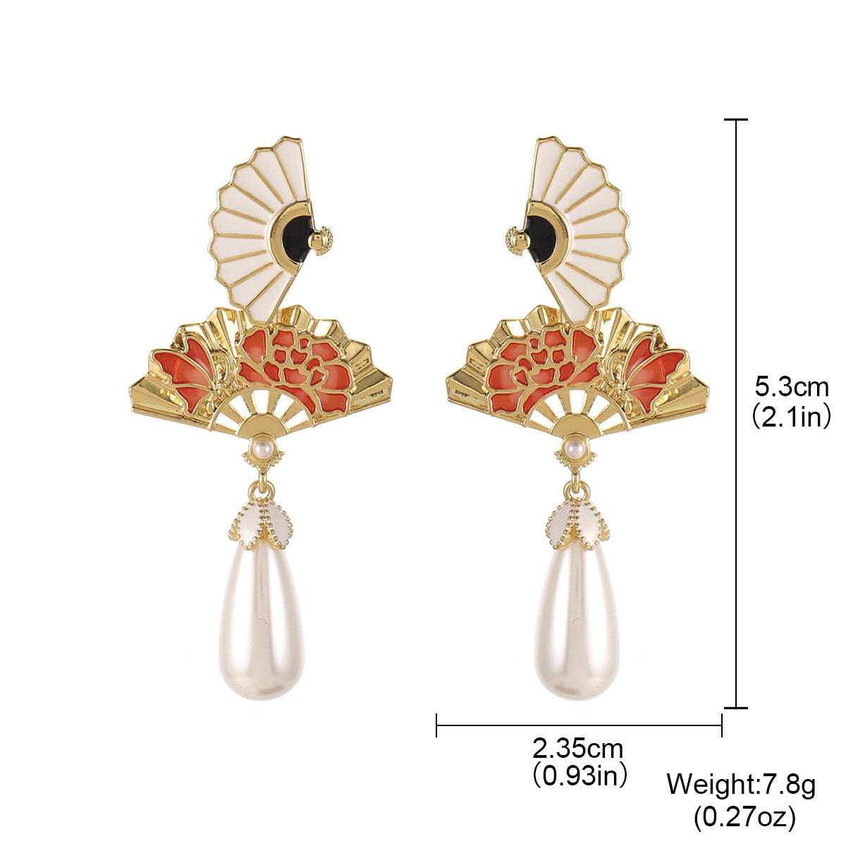 Handmade Sector Earrings For Women, 1 Pair, White With Artificial Pearl, 18K Real Gold Plated