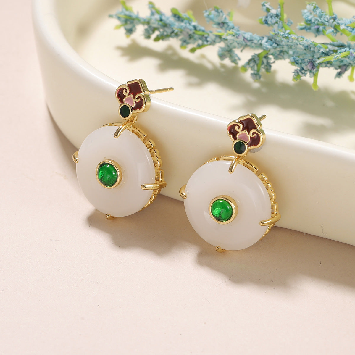 Handmade Sector Earrings For Women, 1 Pair, White With Artificial Pearl, 18K Real Gold Plated