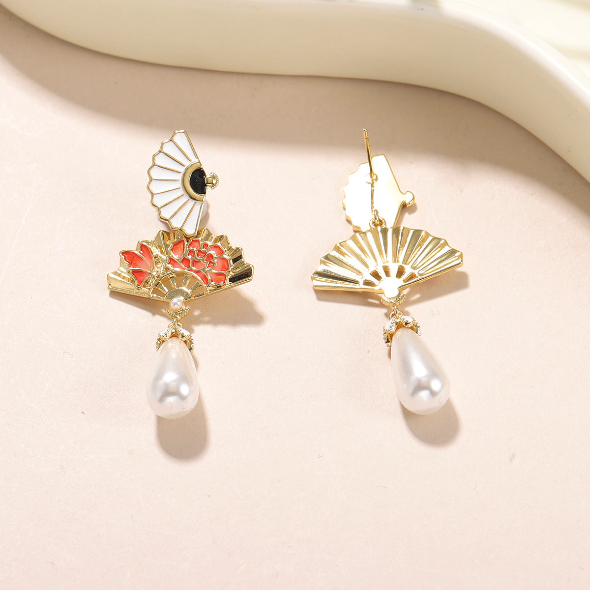 Handmade Sector Earrings For Women, 1 Pair, White With Artificial Pearl, 18K Real Gold Plated