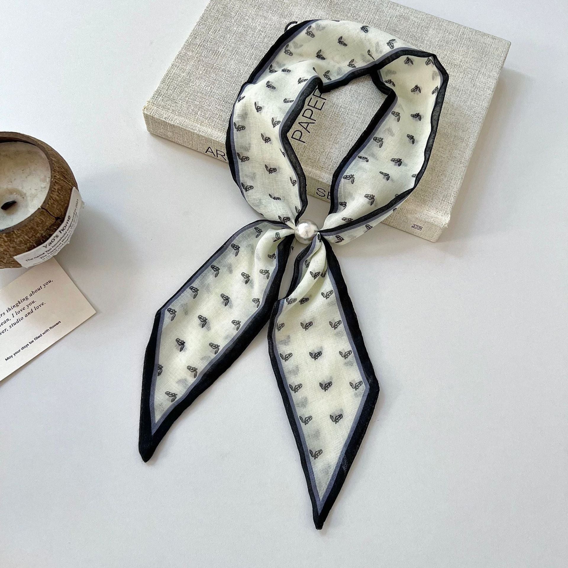 Ditsy Floral Sweet Style Polyester Silk Scarf For Women In Dyed Black, Perfect For Spring