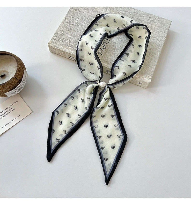 Ditsy Floral Sweet Style Polyester Silk Scarf For Women In Dyed Black, Perfect For Spring