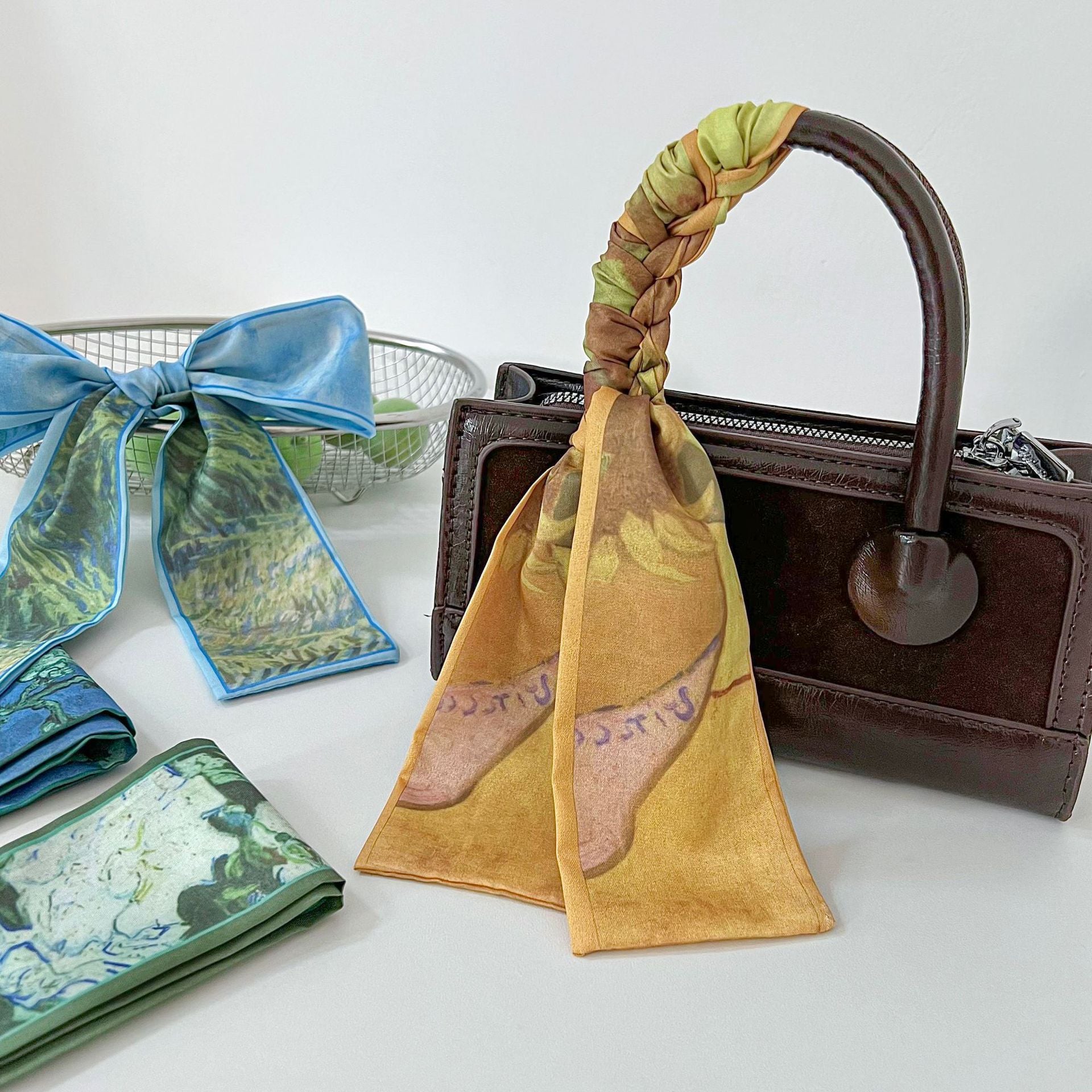 French Style Oil Painting Silk Scarf Made Of Polyester, Perfect For Summer Wear