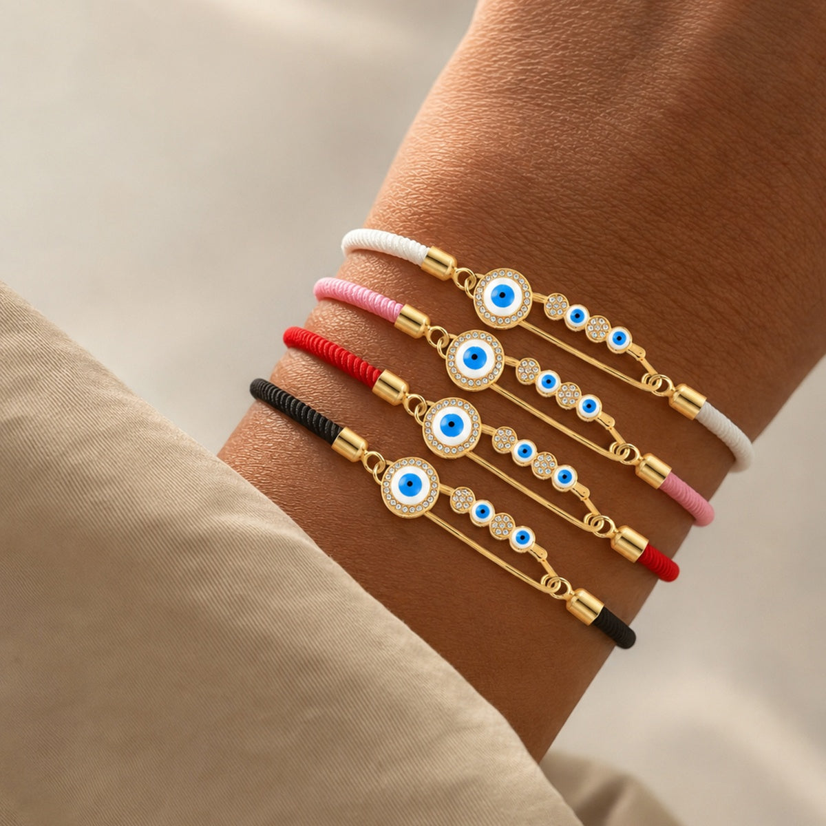 Devil's Eye Braid Drawstring Bracelet For Women In White Nylon With Zircon Inlay And Cord String Chain