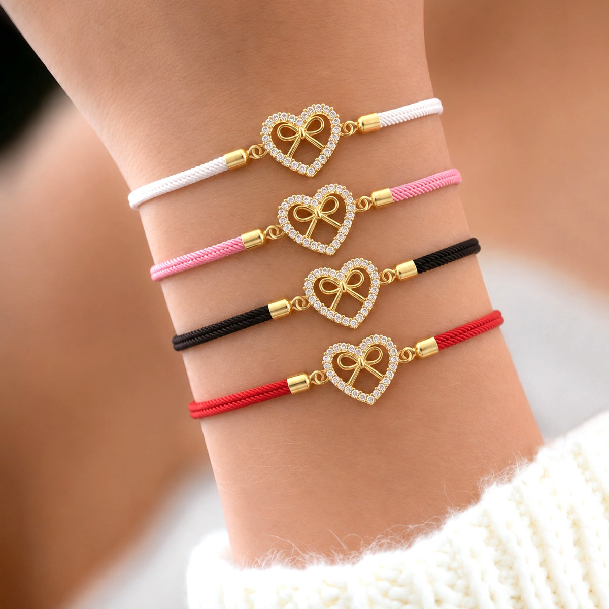 Heart Shape Braid Drawstring Bracelet For Women In White Nylon With Zircon Inlay And Cord String, Simple Style