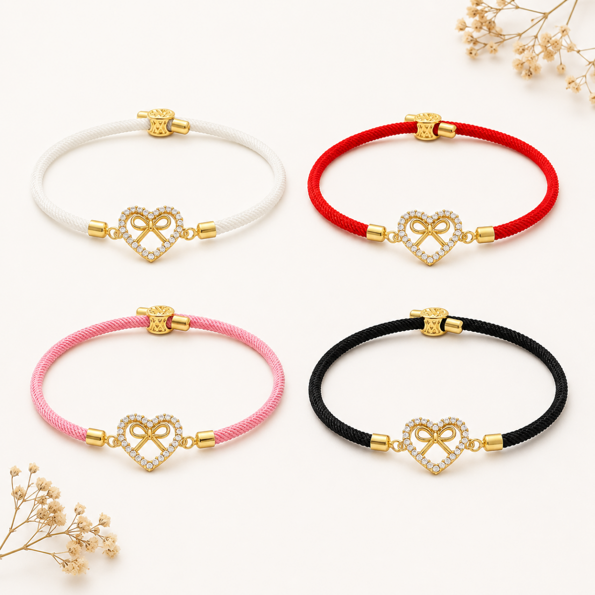 Heart Shape Braid Drawstring Bracelet For Women In White Nylon With Zircon Inlay And Cord String, Simple Style