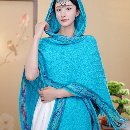 Long Cape For Women, Autumn And Winter Coat, Tassel Shawl, Scarf, Travel Vacation, Multi-color Floral Polyester