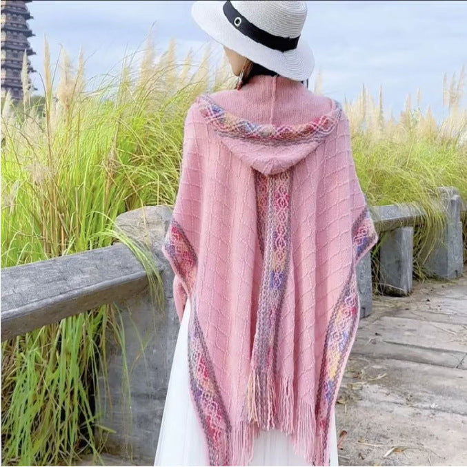 Long Cape For Women, Autumn And Winter Coat, Tassel Shawl, Scarf, Travel Vacation, Multi-color Floral Polyester