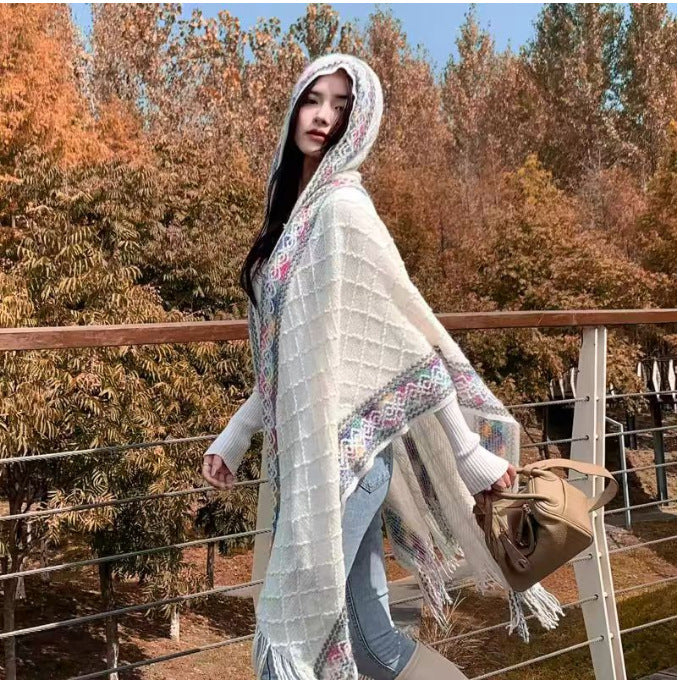 Long Cape For Women, Autumn And Winter Coat, Tassel Shawl, Scarf, Travel Vacation, Multi-color Floral Polyester