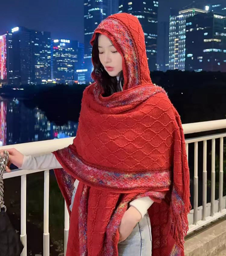 Long Cape For Women, Autumn And Winter Coat, Tassel Shawl, Scarf, Travel Vacation, Multi-color Floral Polyester