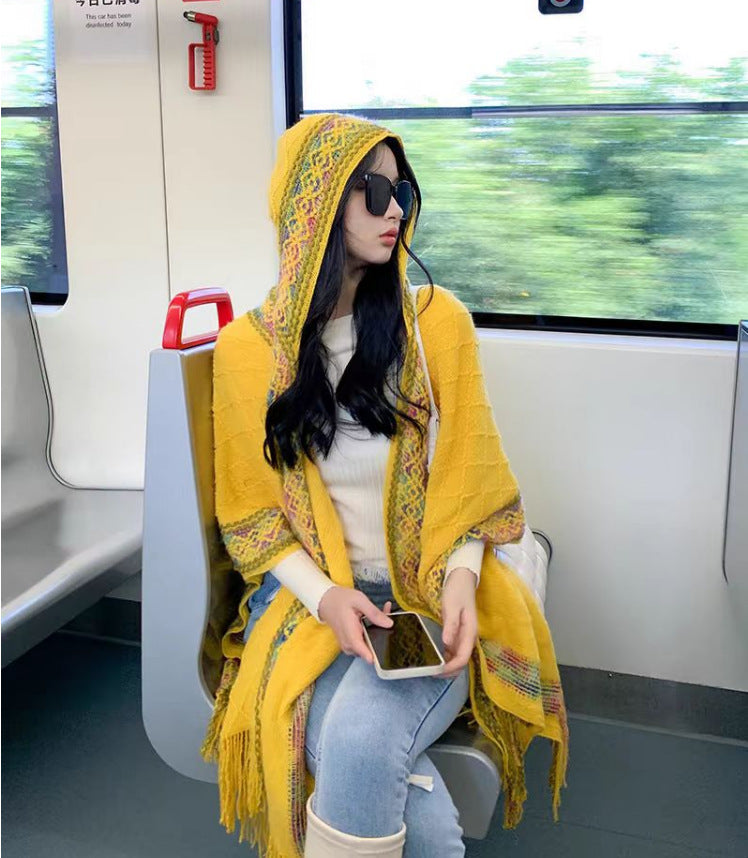 Long Cape For Women, Autumn And Winter Coat, Tassel Shawl, Scarf, Travel Vacation, Multi-color Floral Polyester