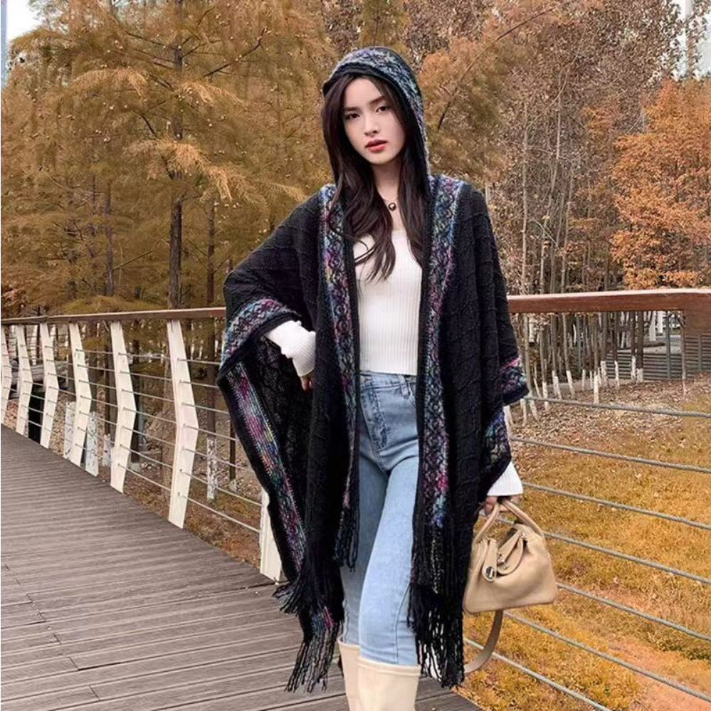 Long Cape For Women, Autumn And Winter Coat, Tassel Shawl, Scarf, Travel Vacation, Multi-color Floral Polyester
