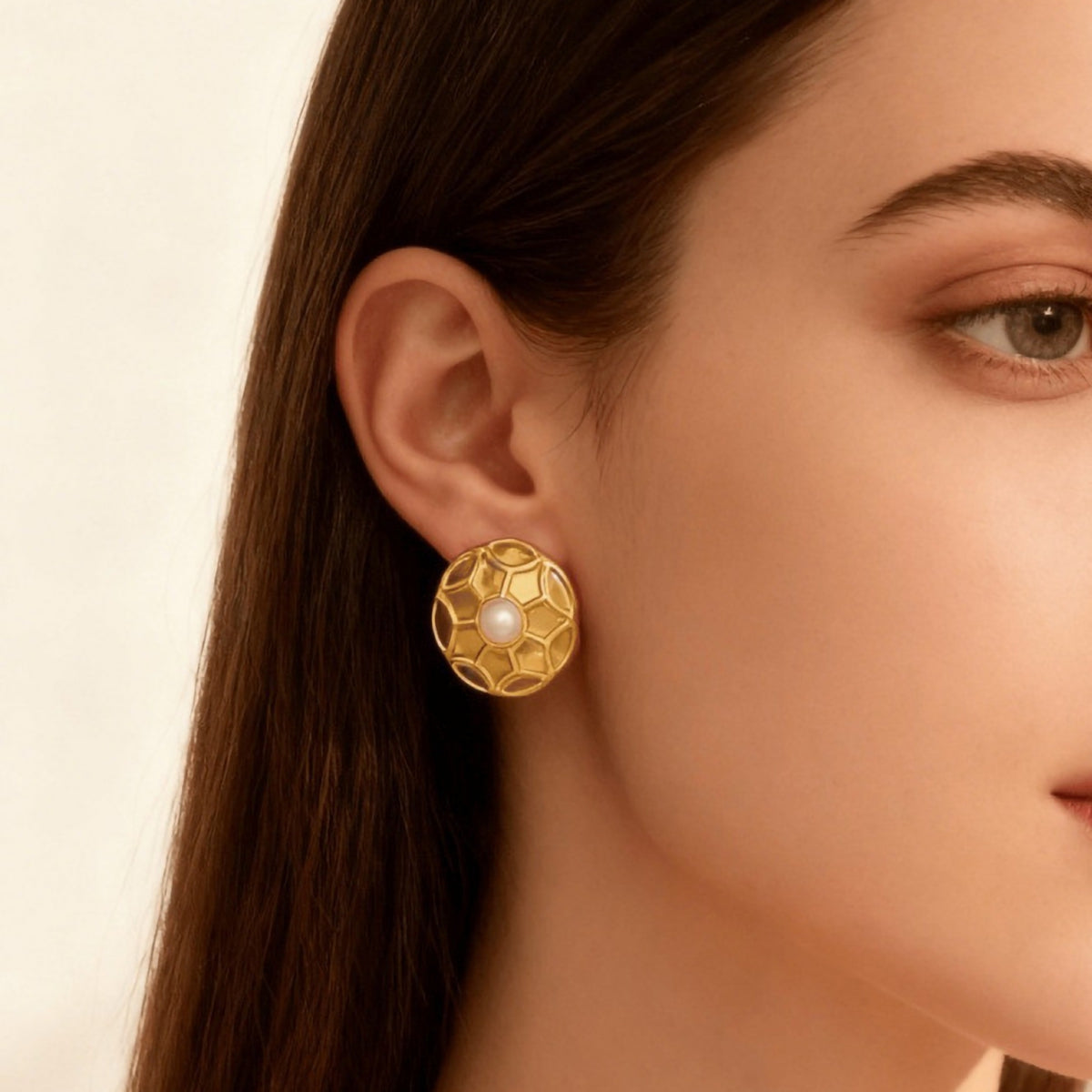 Geometric Electroplated Stud Earrings For Women In 304 Stainless Steel With Golden Water Plating And Artificial Pearl Inlay