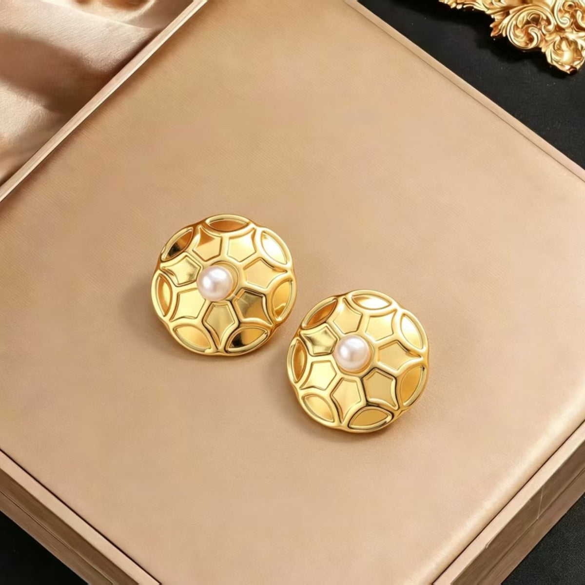 Geometric Electroplated Stud Earrings For Women In 304 Stainless Steel With Golden Water Plating And Artificial Pearl Inlay