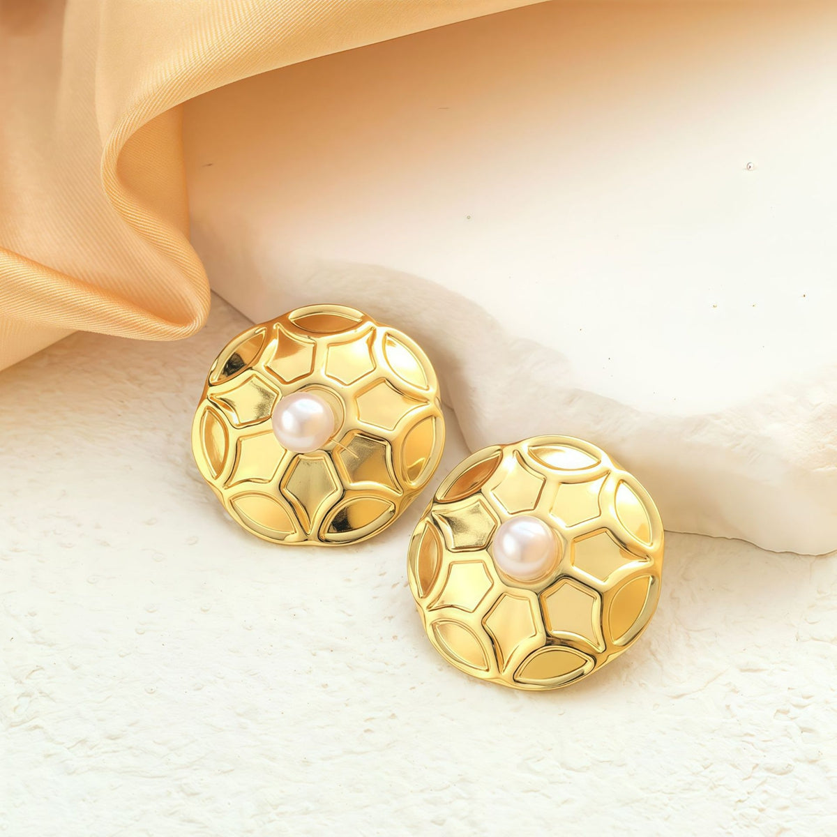 Geometric Electroplated Stud Earrings For Women In 304 Stainless Steel With Golden Water Plating And Artificial Pearl Inlay