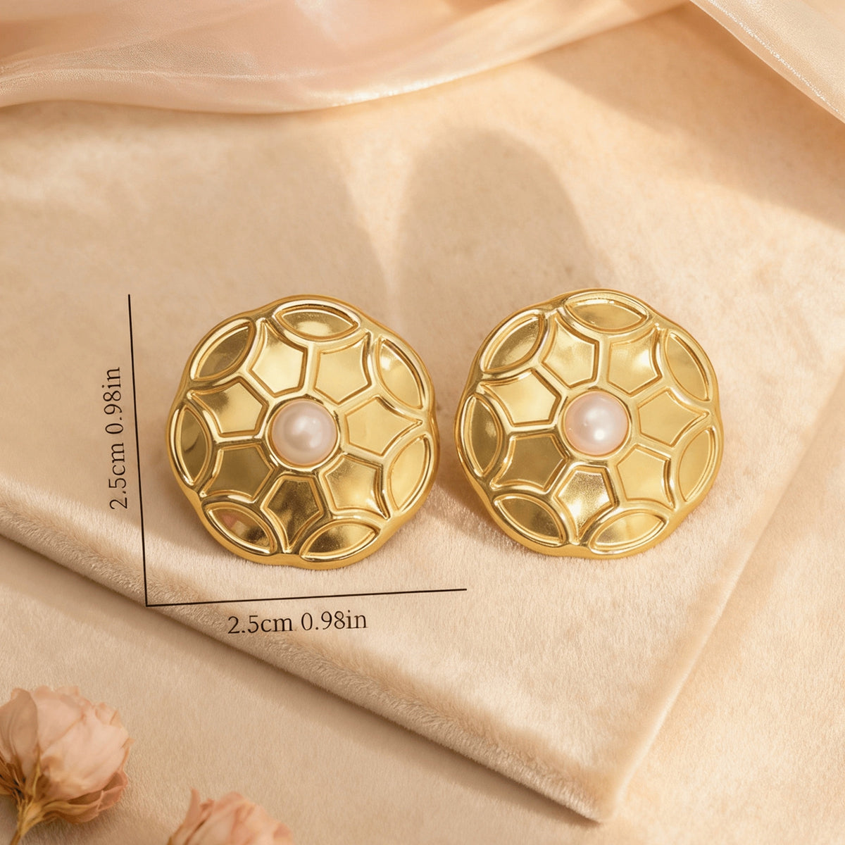 Geometric Electroplated Stud Earrings For Women In 304 Stainless Steel With Golden Water Plating And Artificial Pearl Inlay
