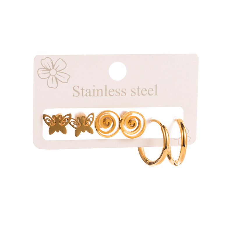 Butterfly Earrings For Women In Titanium Steel, 3 Pieces Set