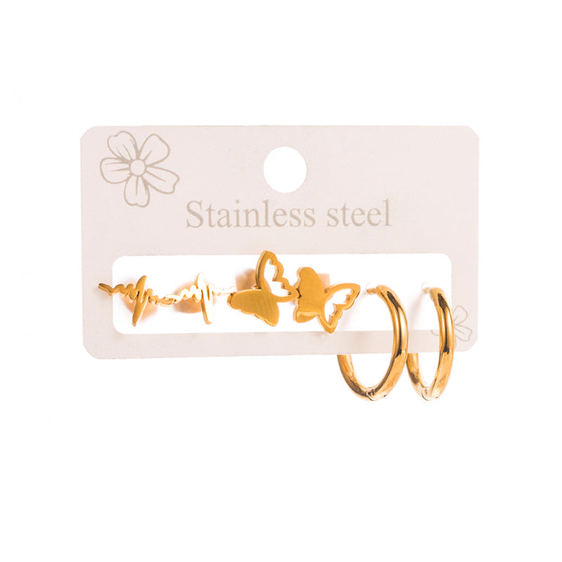 Butterfly Earrings For Women In Titanium Steel, 3 Pieces Set
