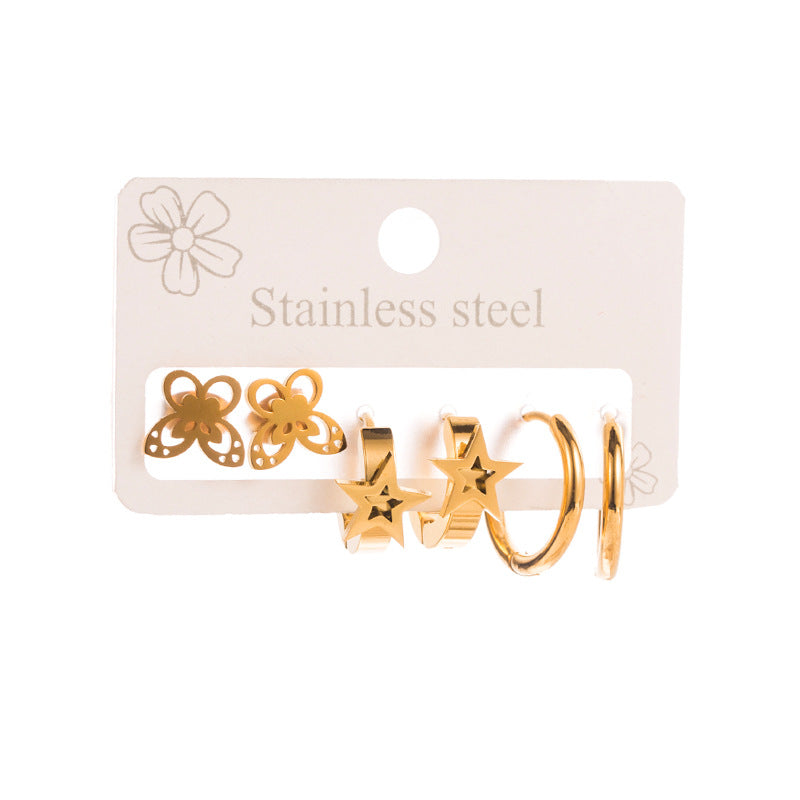 Butterfly Earrings For Women In Titanium Steel, 3 Pieces Set