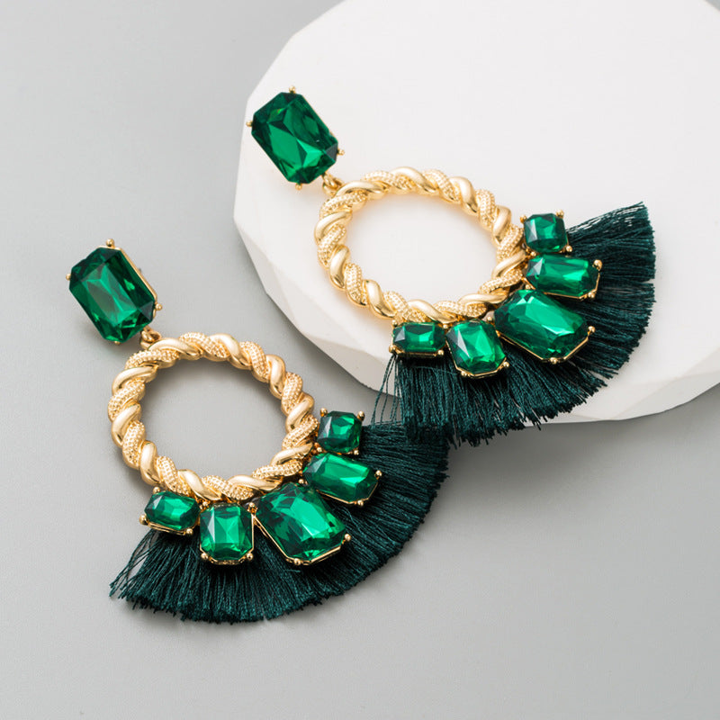 Exaggerated Tassel Earrings For Women In Colour Alloy With Glass Inlay