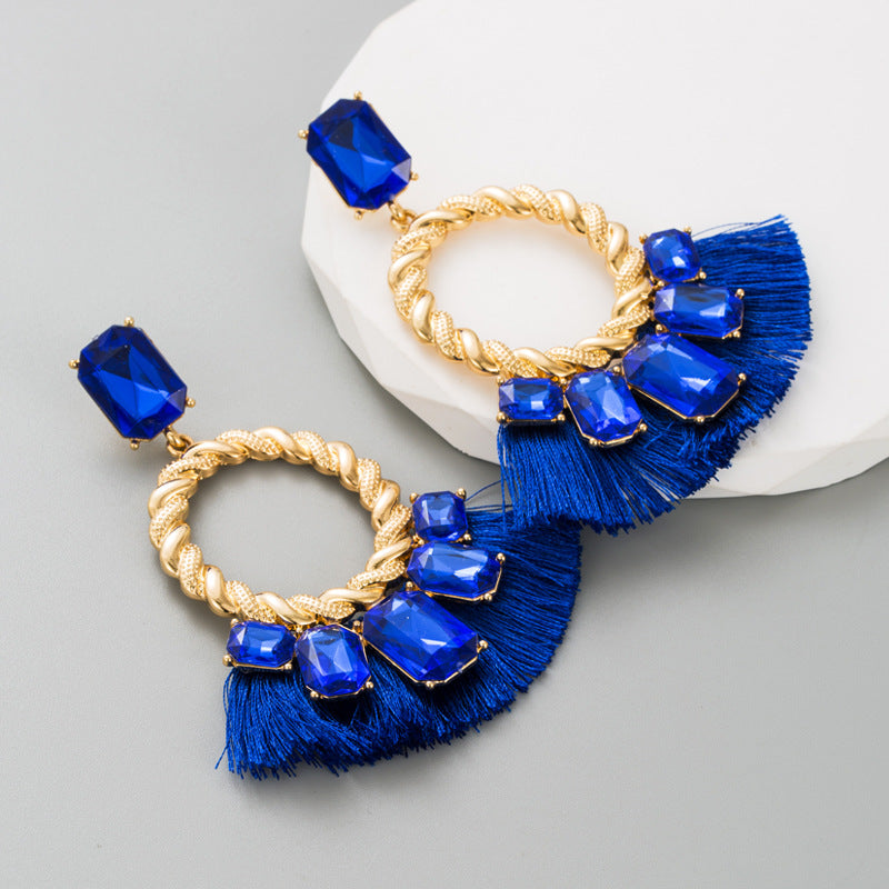 Exaggerated Tassel Earrings For Women In Colour Alloy With Glass Inlay