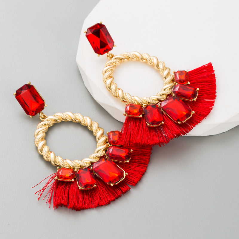 Exaggerated Tassel Earrings For Women In Colour Alloy With Glass Inlay