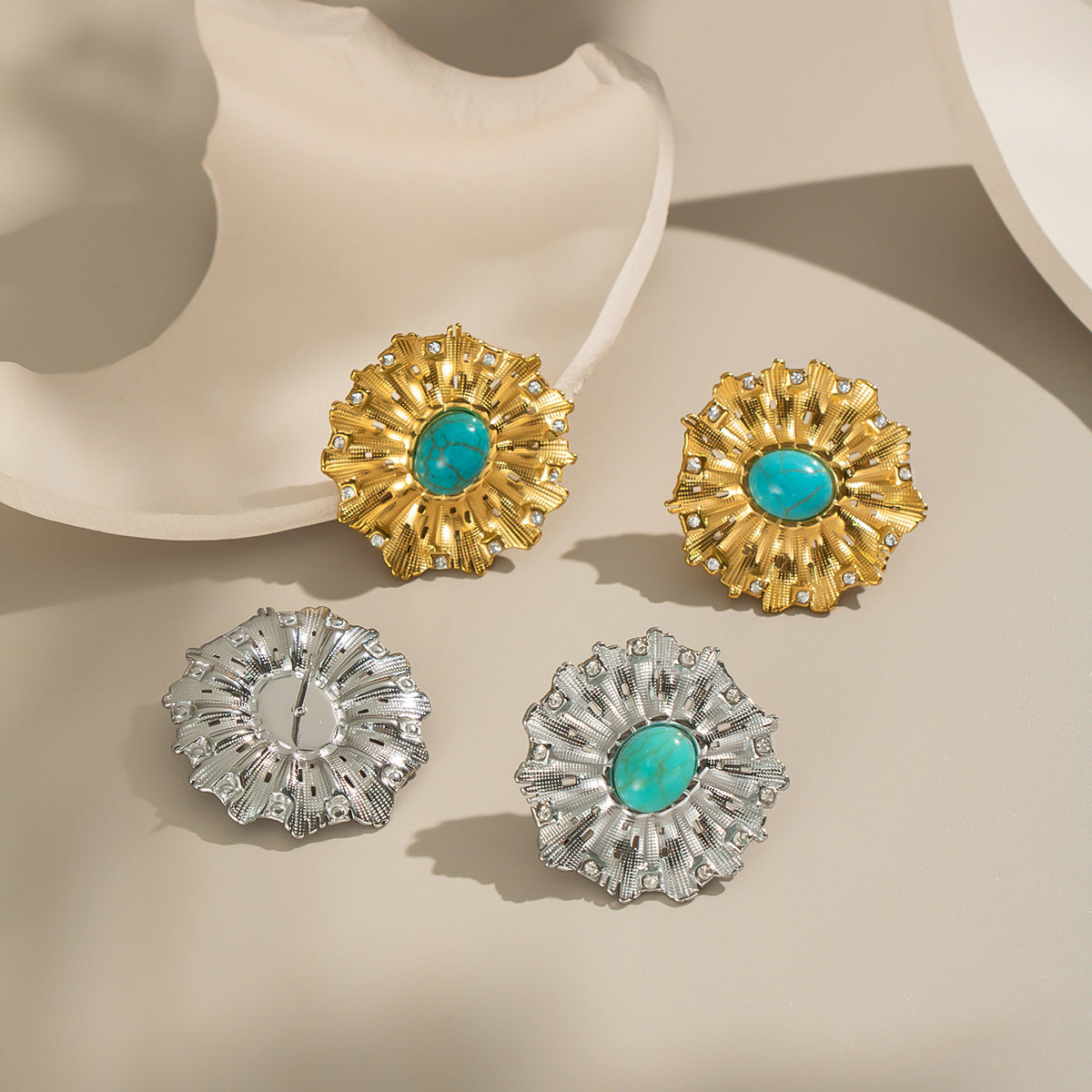 Geometric Electroplated Stud Earrings For Women In 304 Stainless Steel With 18K Real Gold Plated PVD Coating And Turquoise Inlay