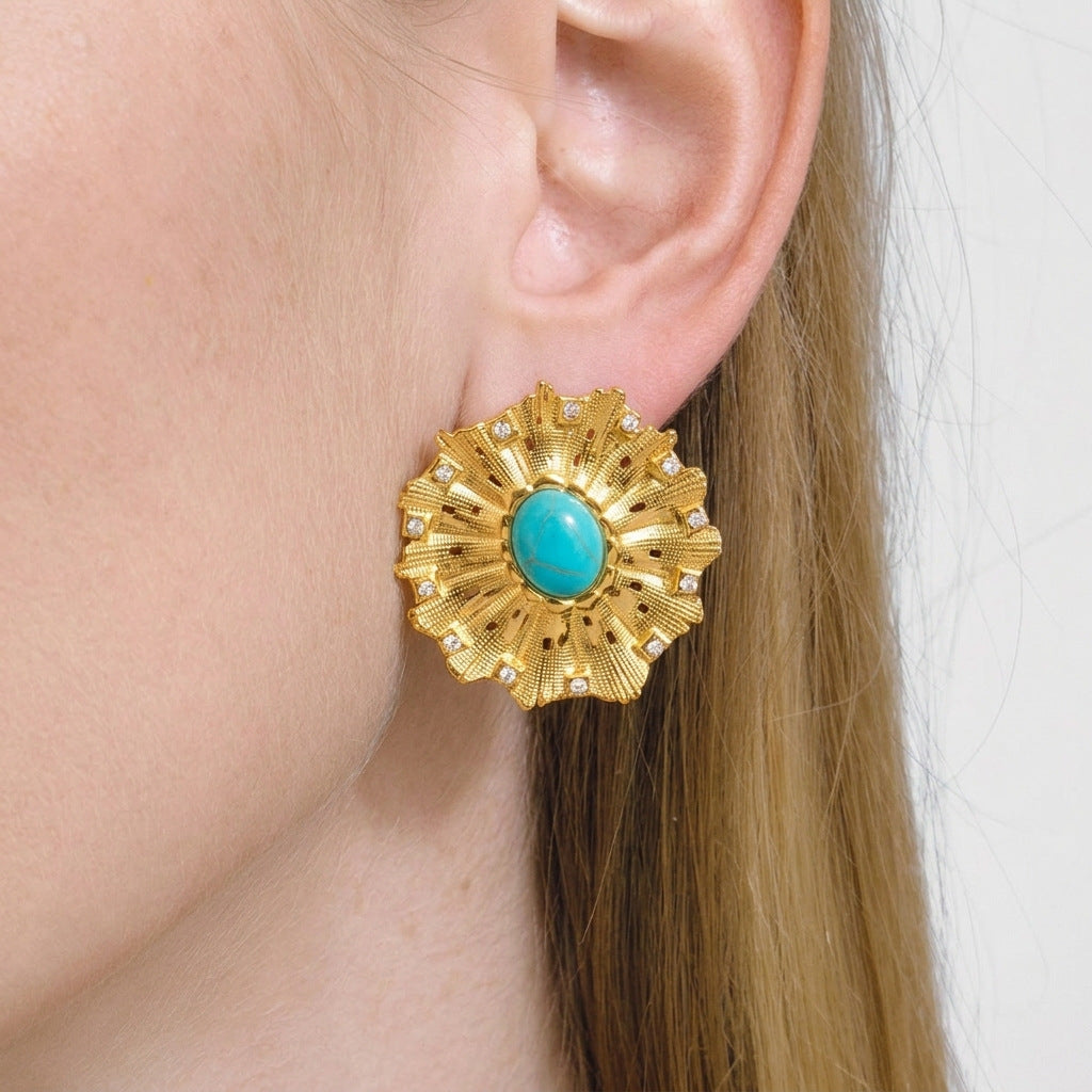 Geometric Electroplated Stud Earrings For Women In 304 Stainless Steel With 18K Real Gold Plated PVD Coating And Turquoise Inlay