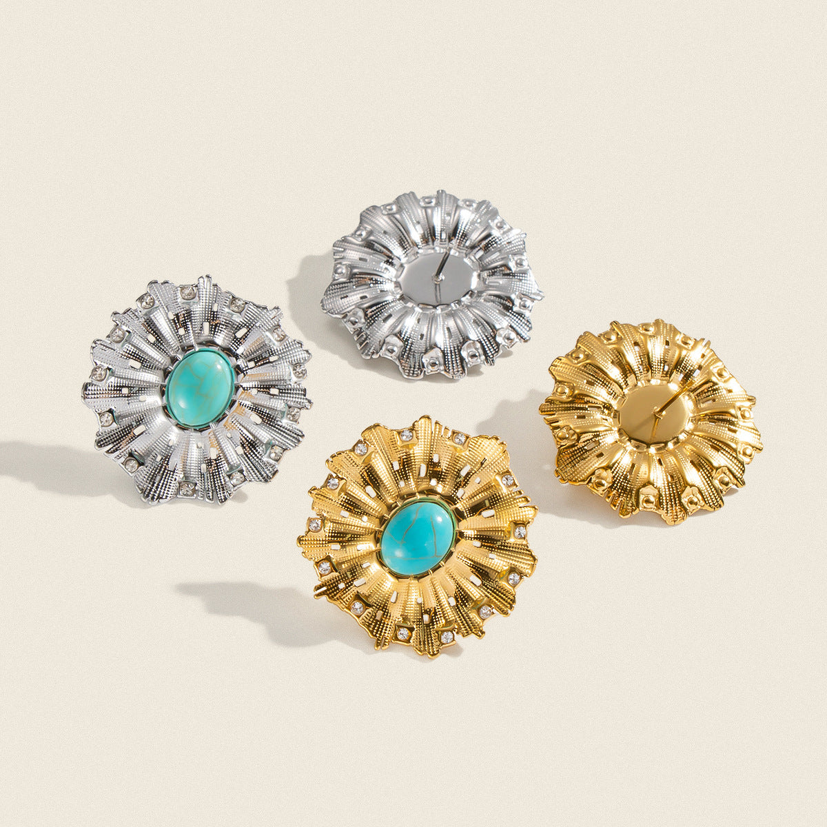 Geometric Electroplated Stud Earrings For Women In 304 Stainless Steel With 18K Real Gold Plated PVD Coating And Turquoise Inlay