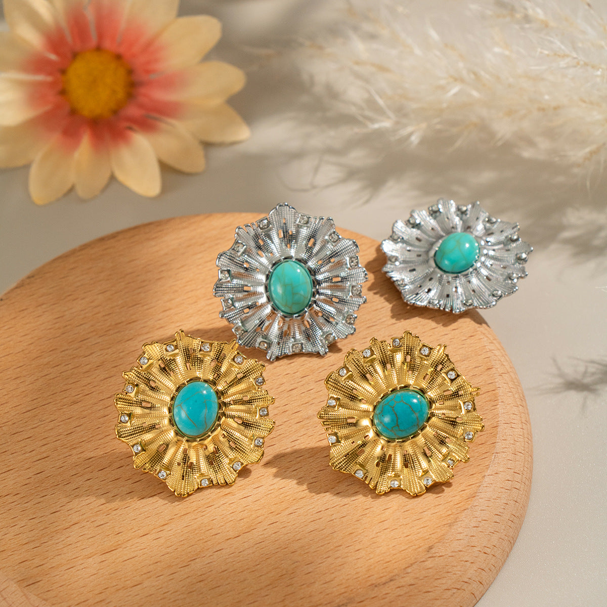 Geometric Electroplated Stud Earrings For Women In 304 Stainless Steel With 18K Real Gold Plated PVD Coating And Turquoise Inlay