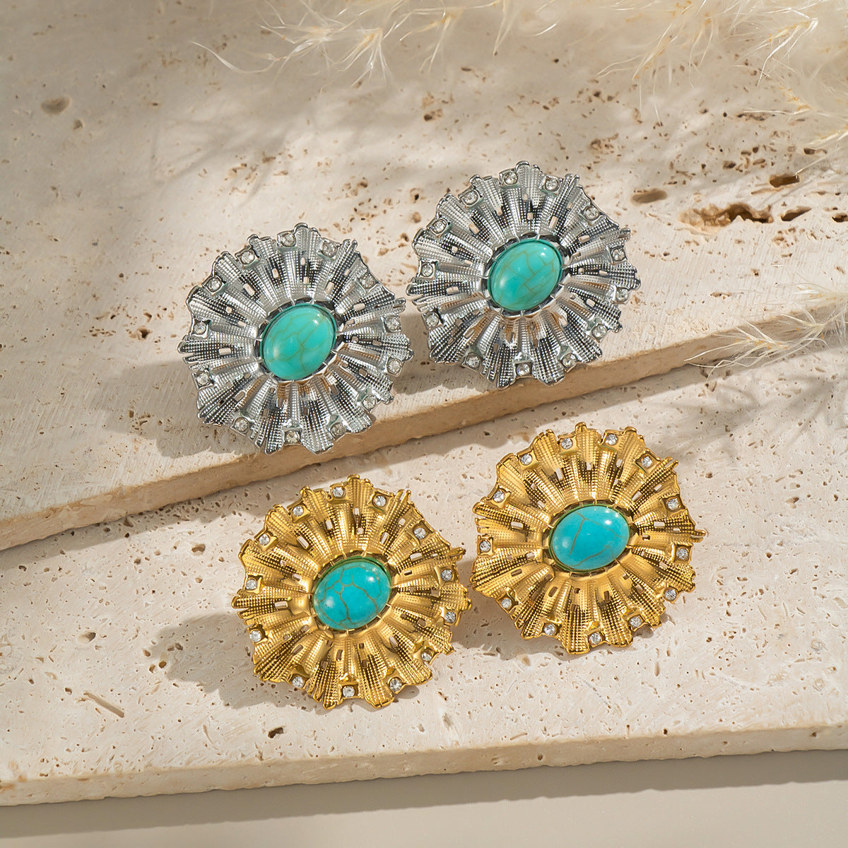Geometric Electroplated Stud Earrings For Women In 304 Stainless Steel With 18K Real Gold Plated PVD Coating And Turquoise Inlay