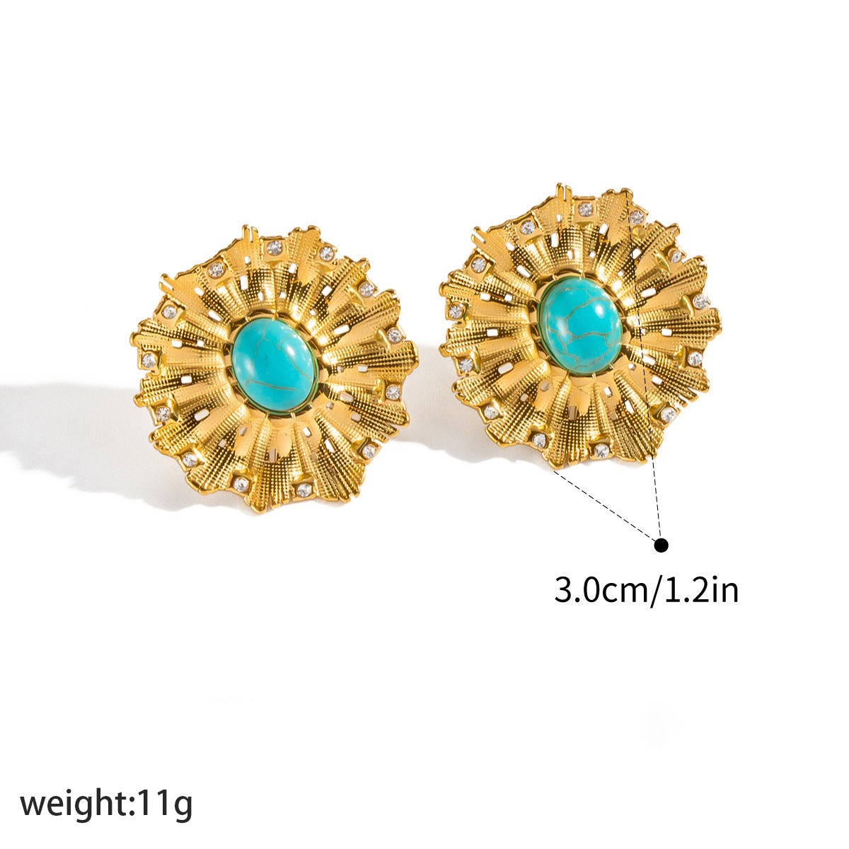 Geometric Electroplated Stud Earrings For Women In 304 Stainless Steel With 18K Real Gold Plated PVD Coating And Turquoise Inlay