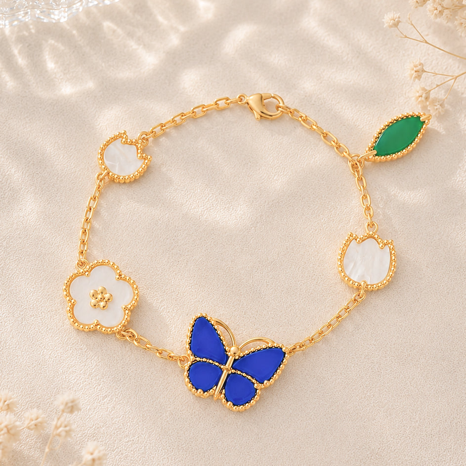 Asymmetrical Flowers Bracelet For Women With Copper Cable Chain, Electroplated Finish