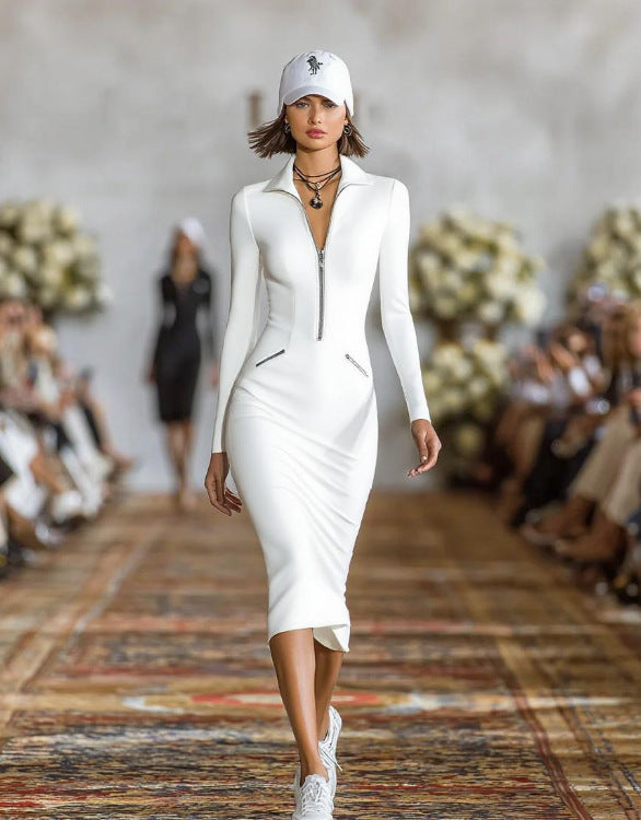 British Style Solid Color Long Sleeve Lapel Business Dress In Twilled Satin, Midi Length
