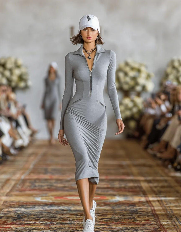 British Style Solid Color Long Sleeve Lapel Business Dress In Twilled Satin, Midi Length