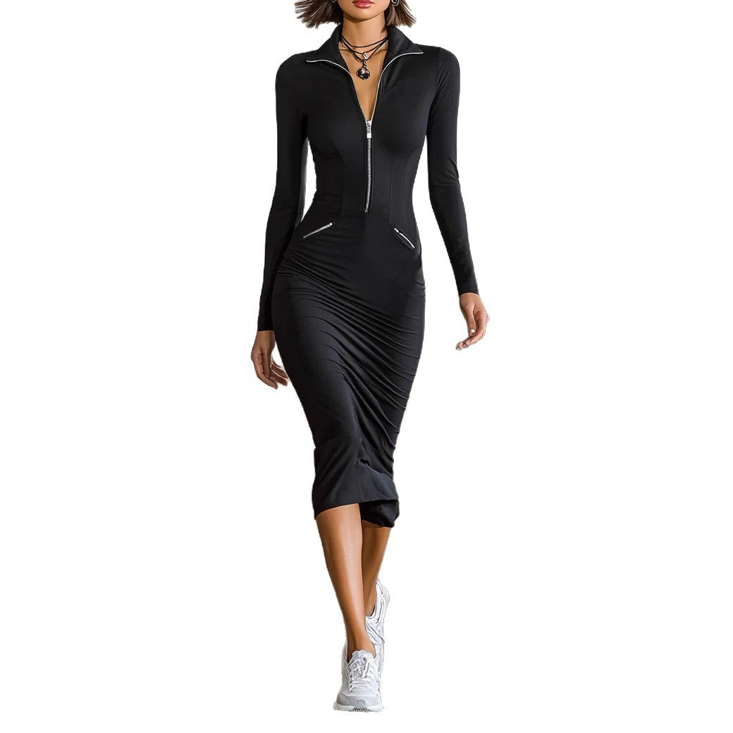 British Style Solid Color Long Sleeve Lapel Business Dress In Twilled Satin, Midi Length