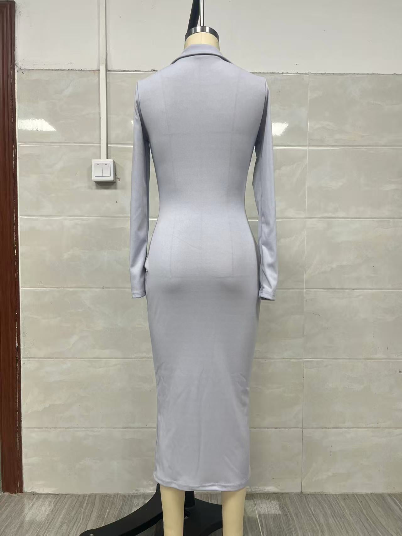 British Style Solid Color Long Sleeve Lapel Business Dress In Twilled Satin, Midi Length