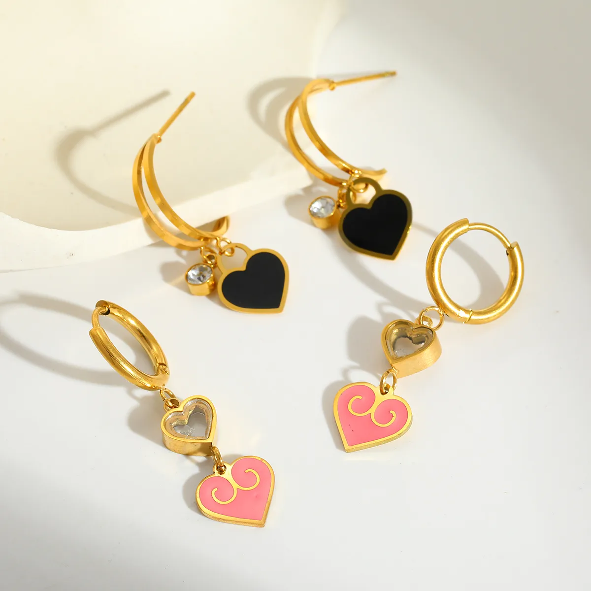 C Shape Electroplated Stud Earrings For Women In 304 Stainless Steel With 18K Real Gold Plated PVD Coating And Zircon Inlay