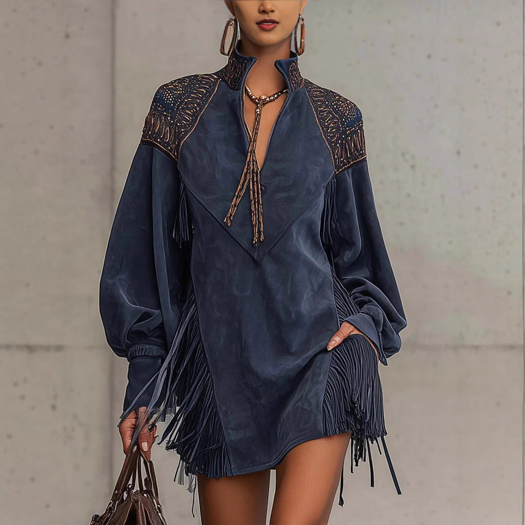 British Style Solid Color V Neck Long Sleeve Dress In Polyester Fabric, Knee-Length, Perfect For Banquet