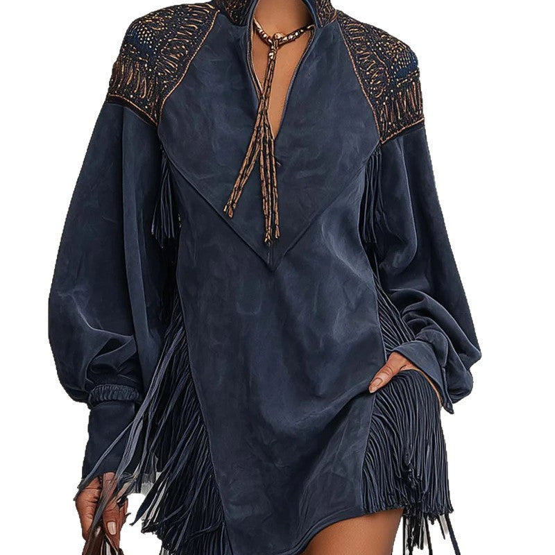 British Style Solid Color V Neck Long Sleeve Dress In Polyester Fabric, Knee-Length, Perfect For Banquet
