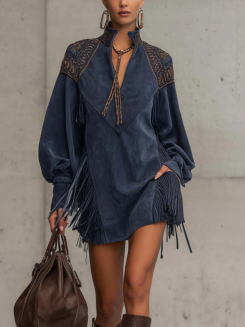 British Style Solid Color V Neck Long Sleeve Dress In Polyester Fabric, Knee-Length, Perfect For Banquet
