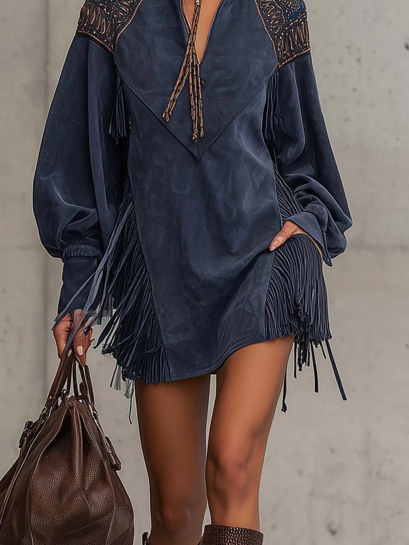 British Style Solid Color V Neck Long Sleeve Dress In Polyester Fabric, Knee-Length, Perfect For Banquet