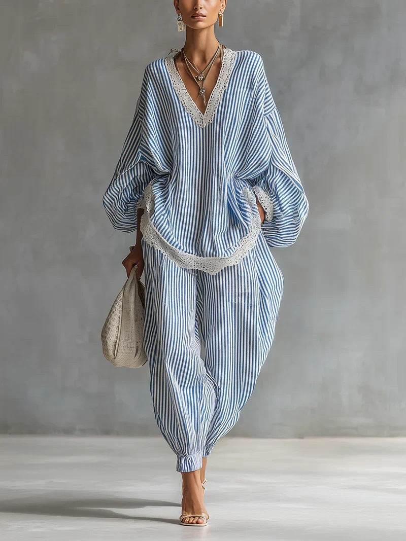 Casual Stripe Wide Leg Pants Pant Co-ord Set In Polyester Featuring Lace Craftsmanship For Professional Women
