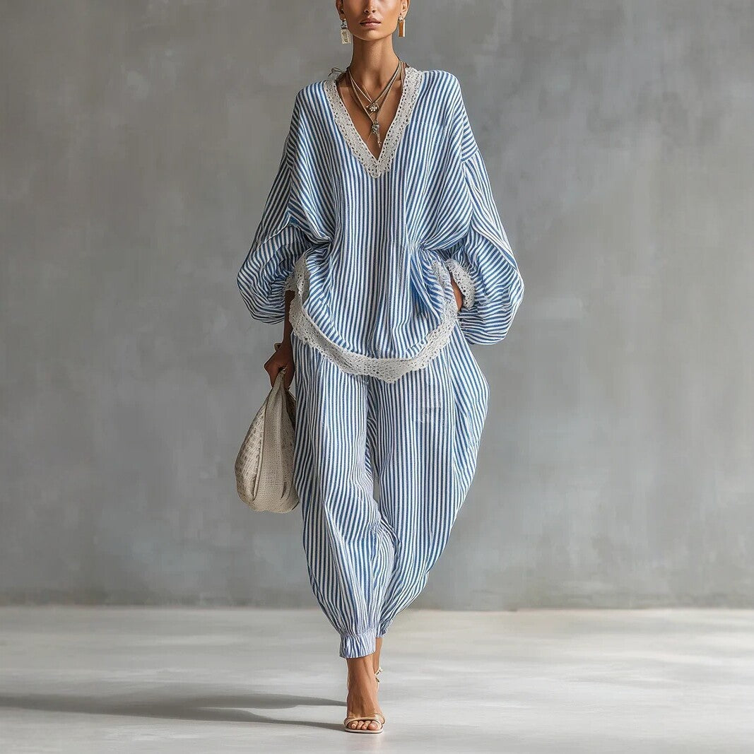 Casual Stripe Wide Leg Pants Pant Co-ord Set In Polyester Featuring Lace Craftsmanship For Professional Women